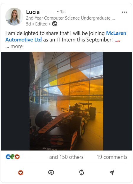 Lucia sharing her placement success on LinkedIn